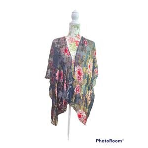 Flowered Embroiled Black Kimono Beach Cover Up Velvety One Size